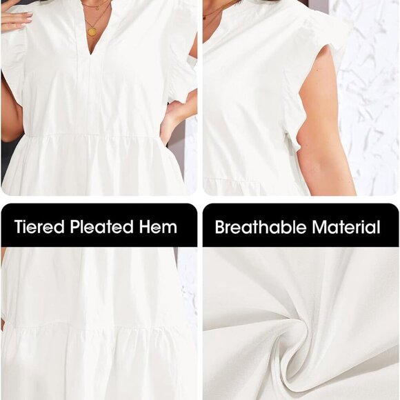 Plus Size Summer Dress Cotton Ruffle Short Sleeve V Neck Tiered Swing - Picture 5 of 5